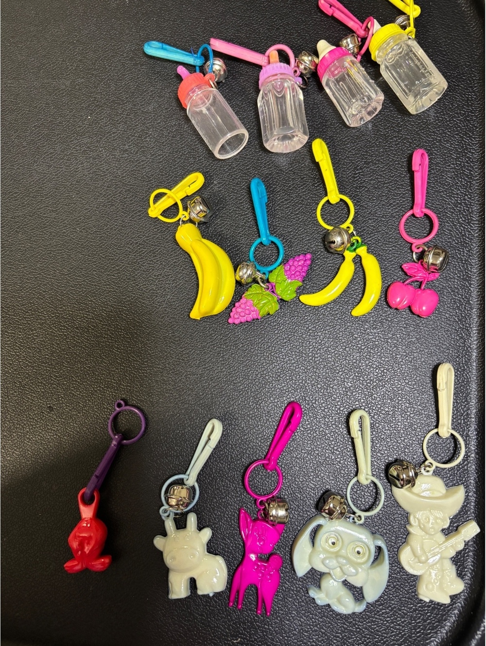 Vintage Plastic Bell Charm Lot of 13 Baby Bottles Fruit Animals Cowboy